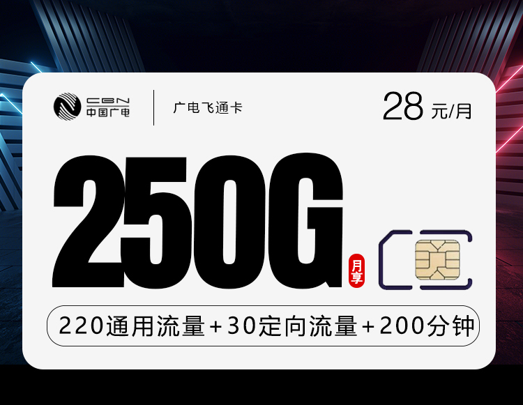 广电飞通卡新【28元250G+200分钟】28元220G通用