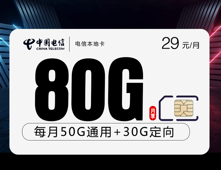 电信本地卡【29元80G】29元80G流量+通话0.1+收货